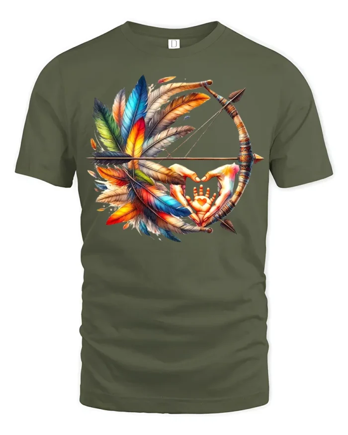 Tribal Bow and Feather T-Shirt Native-Inspired Art Tee with Hand Symbol - military green t-shirt on white background
