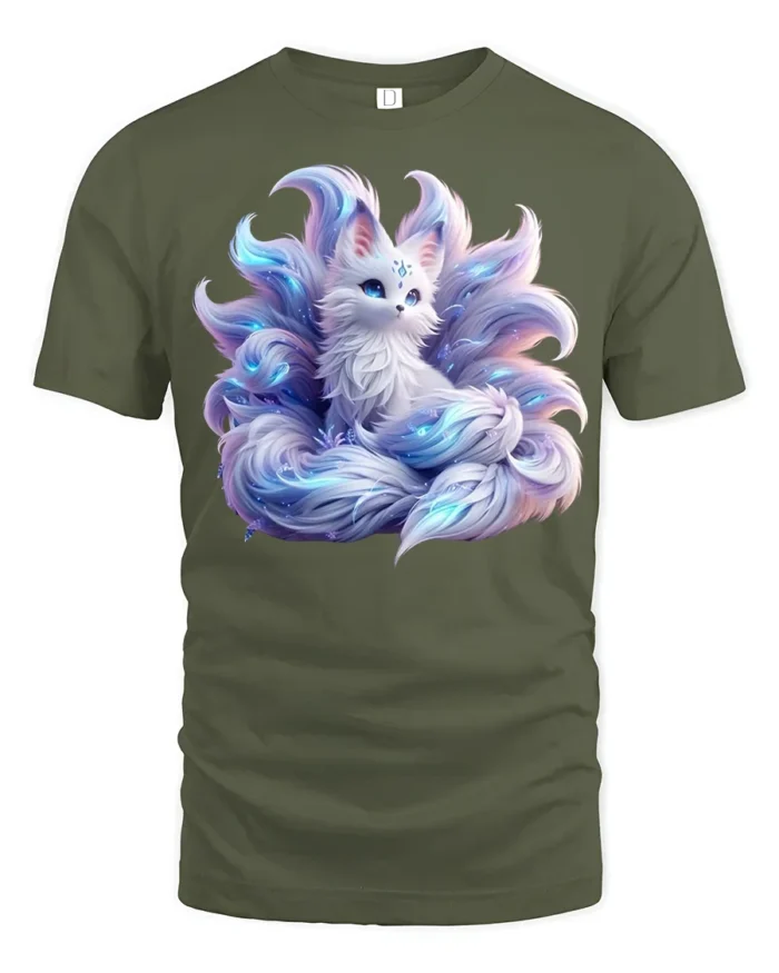 Mystic Nine-Tailed Fox T-Shirt Fantasy Spirit Animal Tee for Fox Lovers - military green t-shirt on white background