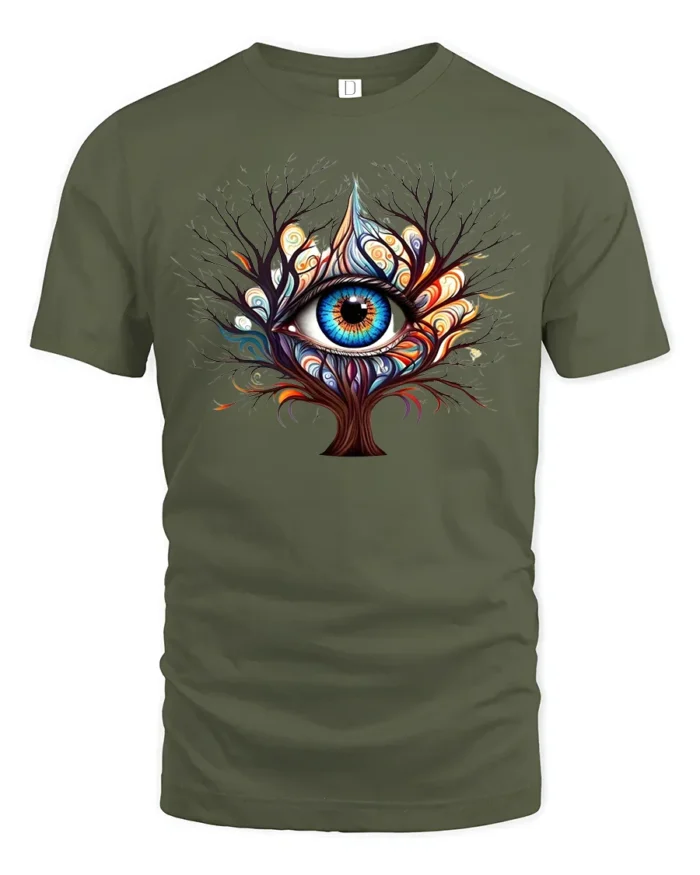 Third Eye Tree T-Shirt Psychedelic Visionary Art Tee for Spiritual Seekers - military green t-shirt on white background