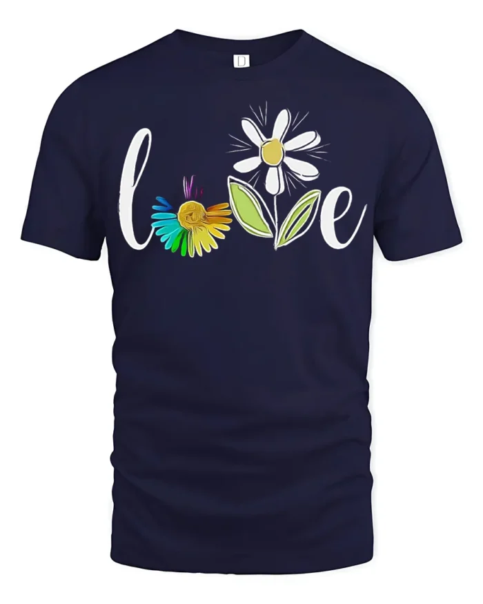 Rainbow Flower Love T-Shirt Soft Cotton Inspirational Graphic Tee - navy t-shirt on white background