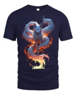 Mystic Flame Fox T-Shirt Elemental Spirit Animal Graphic Tee for Fantasy Fans - navy t-shirt on white background