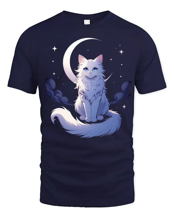 Moon Cat Starlight Whimsical Kitten Moon Stars T-Shirt for Cat Lovers - navy t-shirt on white background