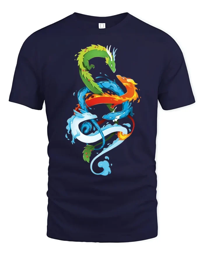Chromatic Dragon Alliance Vibrant Elemental Dragons T-Shirt for Fantasy Fans - navy t-shirt on white background