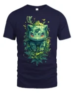 Nature Bulbasaur T-Shirt Cute Pokemon Creature Graphic Tee for US Fans - navy t-shirt on white background