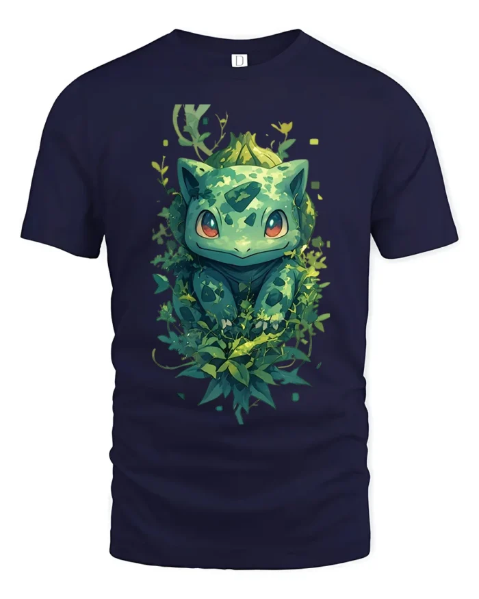 Nature Bulbasaur T-Shirt Cute Pokemon Creature Graphic Tee for US Fans - navy t-shirt on white background