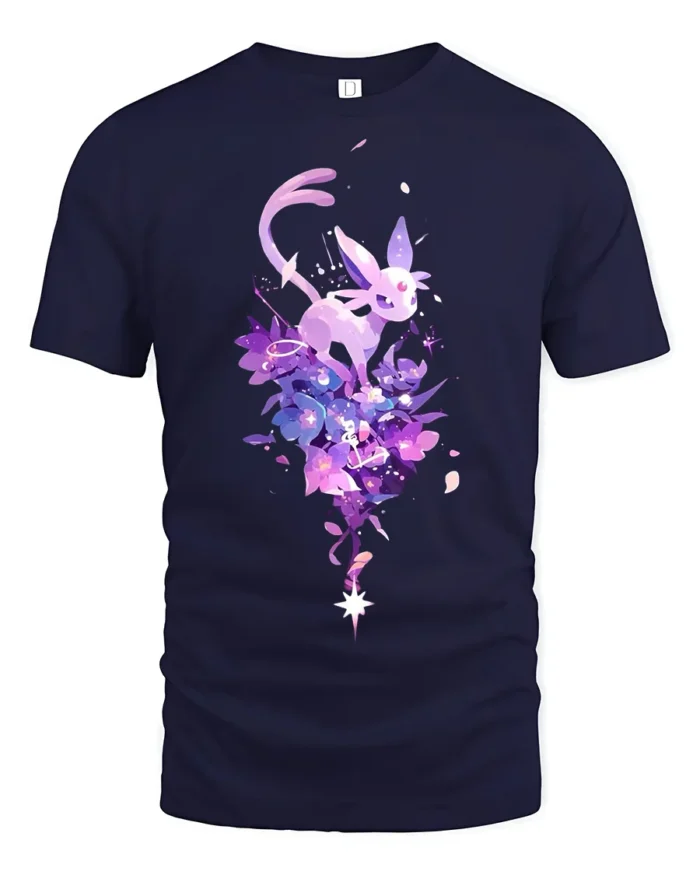 Starry Sylveon Tee Cute Fairy Type Pokemon with Flowers T-Shirt for Trainers - navy t-shirt on white background