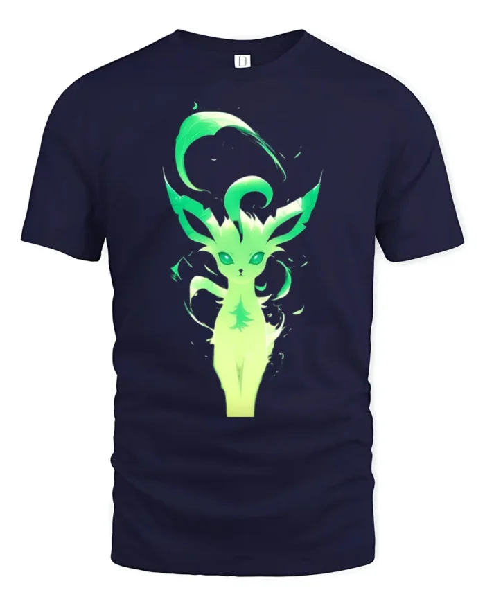 Green Aura Leafeon Tee Glowing Grass Type Pokemon T-Shirt for Trainers - navy t-shirt on white background