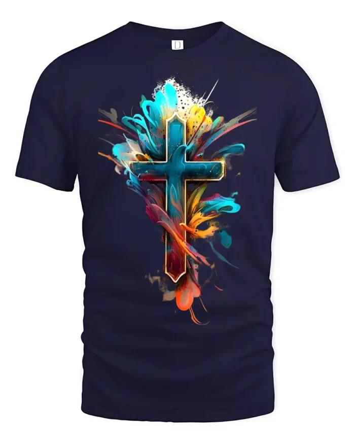 Vibrant Faith Cross Tee Abstract Christian Symbol T-Shirt for Believers - navy t-shirt on white background