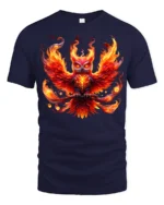 Blazing Owl T-Shirt Fiery Bird Graphic Tee for Fantasy Art Lovers in US - navy t-shirt on white background