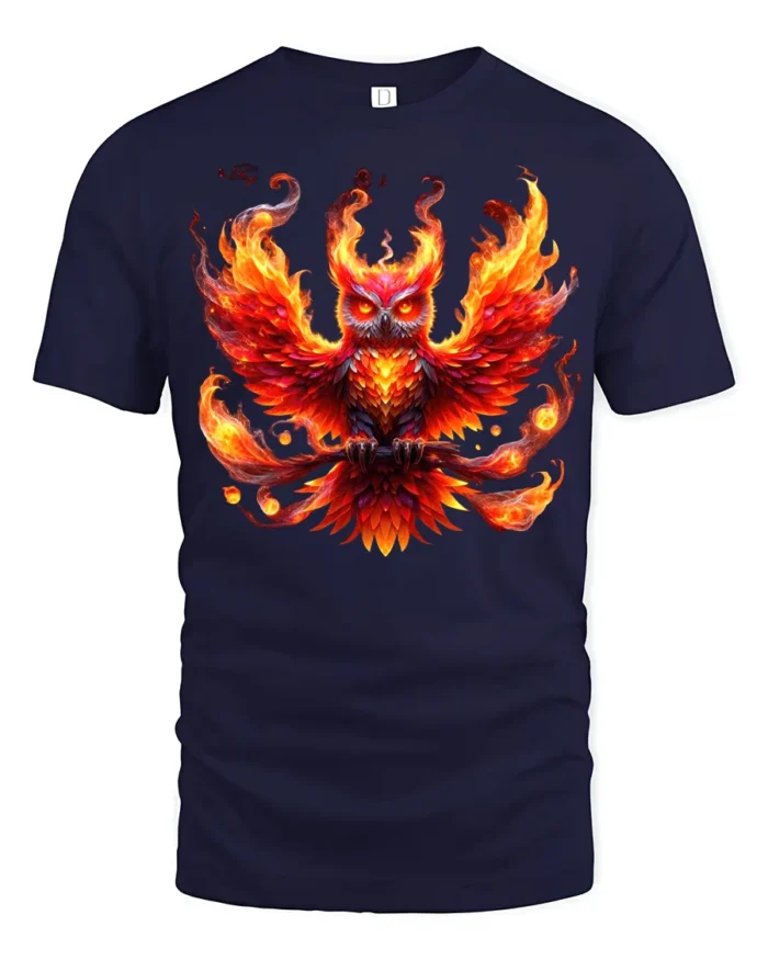 Blazing Owl T-Shirt Fiery Bird Graphic Tee for Fantasy Art Lovers in US - navy t-shirt on white background