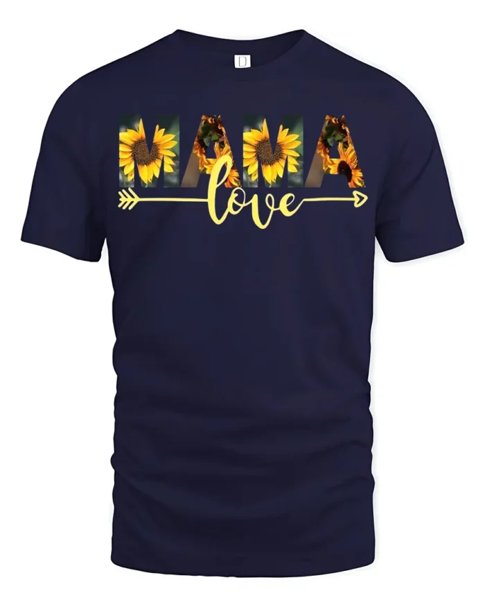 MAMA Love T-Shirt with Sunflower Print Soft Cotton Graphic Tee for Moms - navy t-shirt on white background