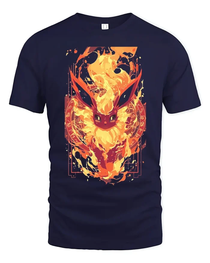 Fiery Flareon T-Shirt Intense Fire Pokemon Graphic Tee for US Fans - navy t-shirt on white background