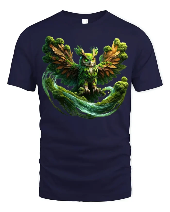 Mystic Forest Owl T-Shirt Fantasy Nature Graphic Tee with Earthy Vibes - navy t-shirt on white background