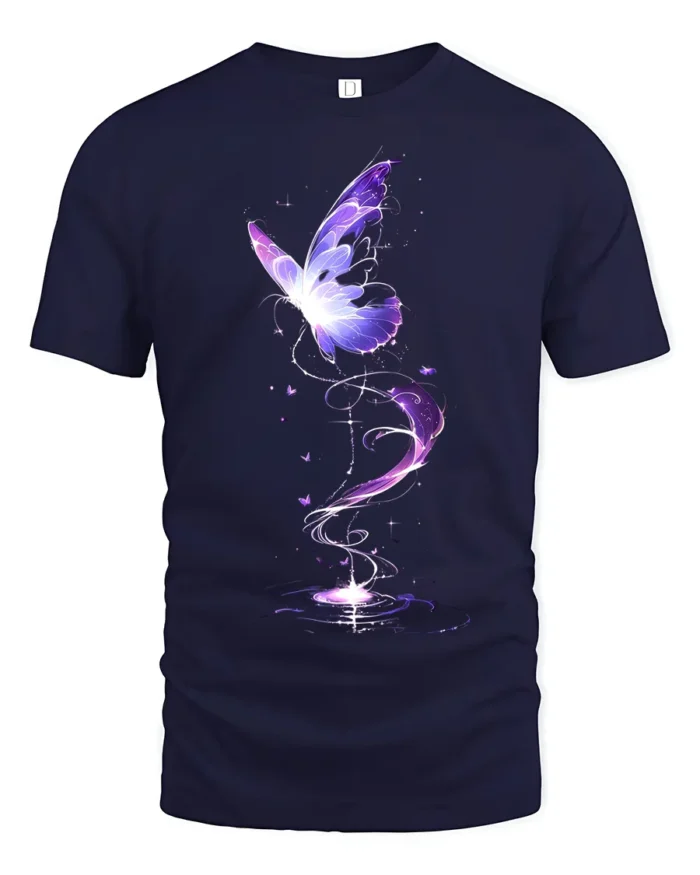 Mystical Purple Butterfly T-Shirt Fantasy Glow Design on Soft Cotton Tee - navy t-shirt on white background
