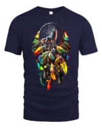 Colorful Feather Wolf T-Shirt Tribal Dreamcatcher Animal Spirit Design Tee - navy t-shirt on white background