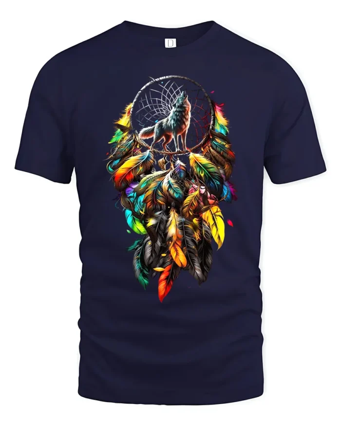 Colorful Feather Wolf T-Shirt Tribal Dreamcatcher Animal Spirit Design Tee - navy t-shirt on white background