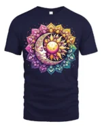 Celestial Sun and Moon T-Shirt Mandala Print Spiritual Boho Graphic Tee - navy t-shirt on white background