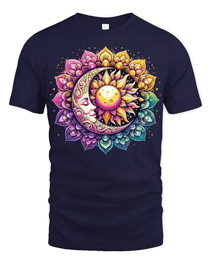 Celestial Sun and Moon T-Shirt Mandala Print Spiritual Boho Graphic Tee - navy t-shirt on white background