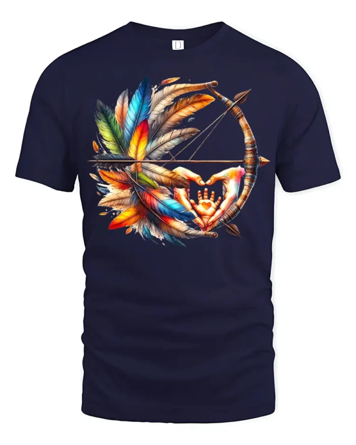 Tribal Bow and Feather T-Shirt Native-Inspired Art Tee with Hand Symbol - navy t-shirt on white background