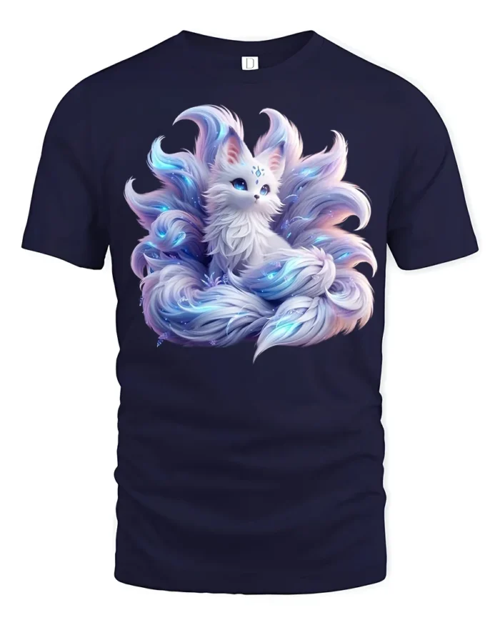 Mystic Nine-Tailed Fox T-Shirt Fantasy Spirit Animal Tee for Fox Lovers - navy t-shirt on white background