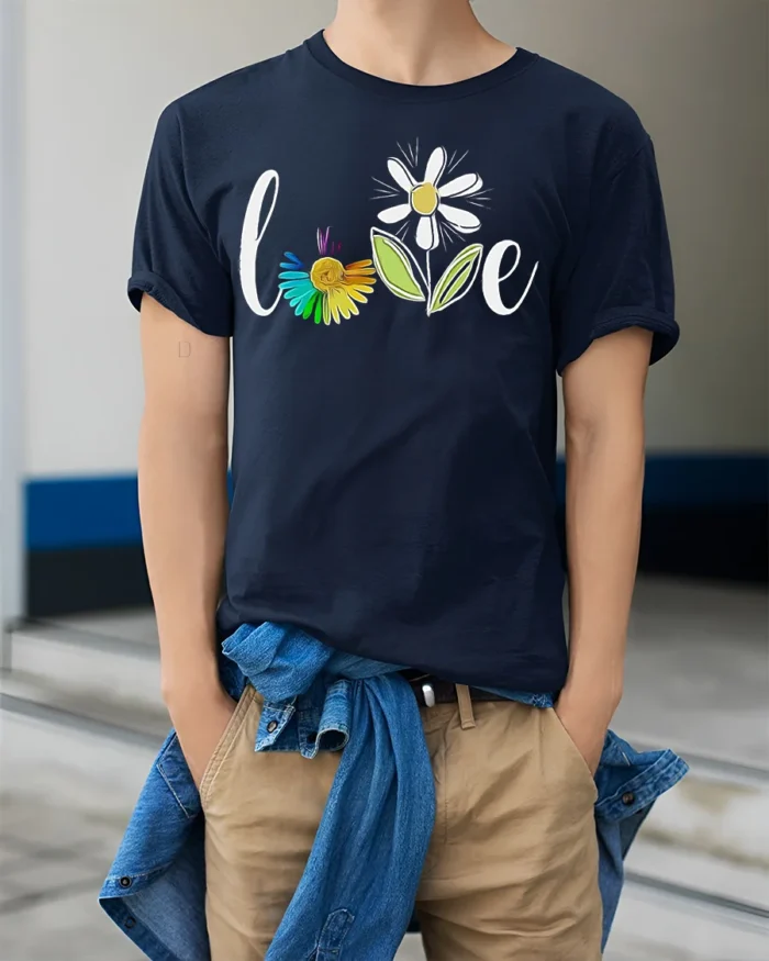 Rainbow Flower Love T-Shirt Soft Cotton Inspirational Graphic Tee - model wearing navy shirt, hands in pockets