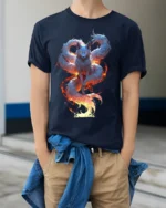 Mystic Flame Fox T-Shirt Elemental Spirit Animal Graphic Tee for Fantasy Fans - model wearing navy shirt, hands in pockets