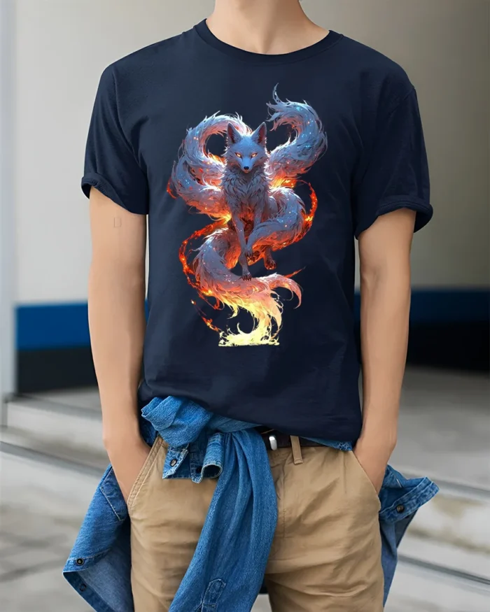 Mystic Flame Fox T-Shirt Elemental Spirit Animal Graphic Tee for Fantasy Fans - model wearing navy shirt, hands in pockets