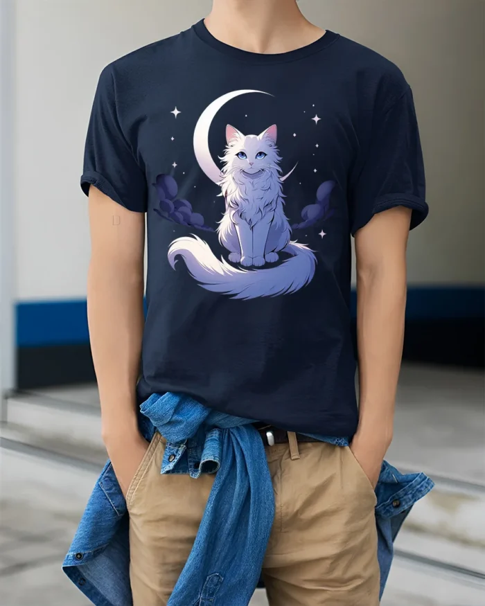 Moon Cat Starlight Whimsical Kitten Moon Stars T-Shirt for Cat Lovers - model wearing navy shirt, hands in pockets