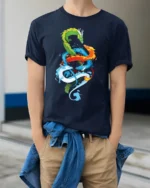 Chromatic Dragon Alliance Vibrant Elemental Dragons T-Shirt for Fantasy Fans - model wearing navy shirt, hands in pockets