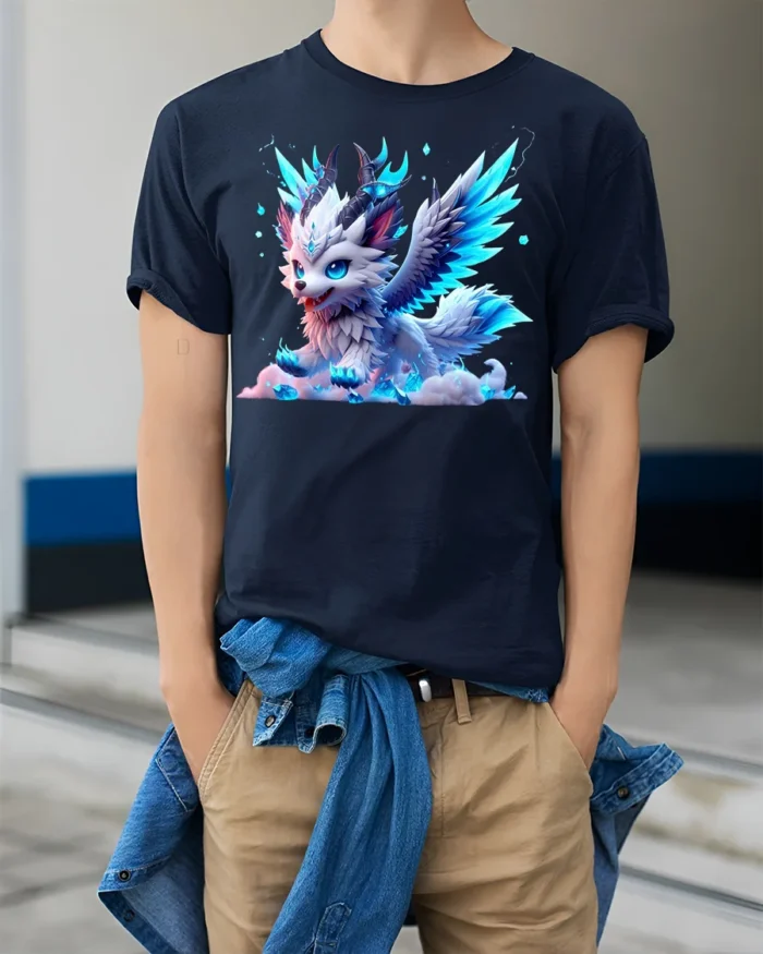 Frost Winged Wolf Tee Cute Icy Creature T-Shirt for Fantasy Lovers - model wearing navy shirt, hands in pockets