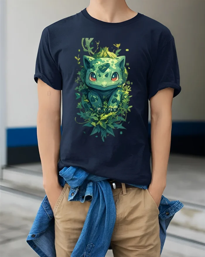 Nature Bulbasaur T-Shirt Cute Pokemon Creature Graphic Tee for US Fans - model wearing navy shirt, hands in pockets