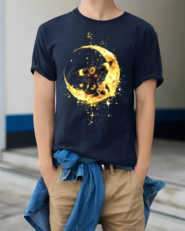 Umbreon Moon Gaze Tee Cute Pokemon Night T-Shirt for Eevee Fans - model wearing navy shirt, hands in pockets