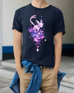Starry Sylveon Tee Cute Fairy Type Pokemon with Flowers T-Shirt for Trainers - model wearing navy shirt, hands in pockets
