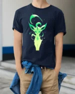 Green Aura Leafeon Tee Glowing Grass Type Pokemon T-Shirt for Trainers - model wearing navy shirt, hands in pockets