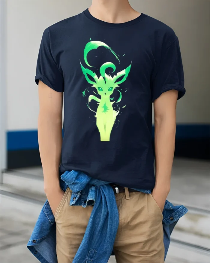 Green Aura Leafeon Tee Glowing Grass Type Pokemon T-Shirt for Trainers - model wearing navy shirt, hands in pockets