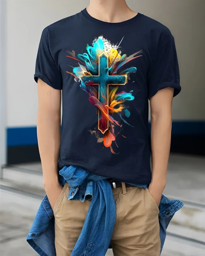 Vibrant Faith Cross Tee Abstract Christian Symbol T-Shirt for Believers - model wearing navy shirt, hands in pockets