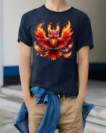 Blazing Owl T-Shirt Fiery Bird Graphic Tee for Fantasy Art Lovers in US - model wearing navy shirt, hands in pockets