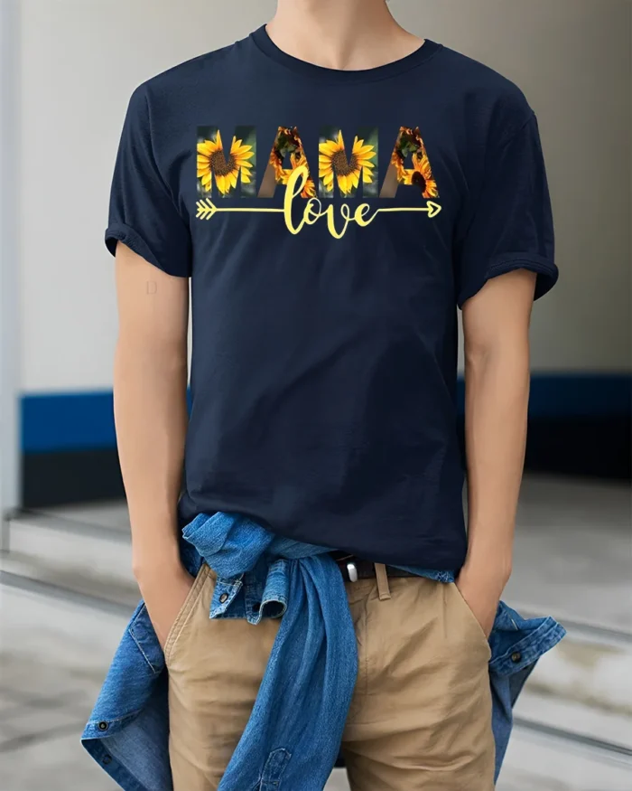 MAMA Love T-Shirt with Sunflower Print Soft Cotton Graphic Tee for Moms - model wearing navy shirt, hands in pockets