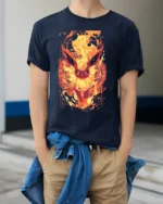 Fiery Flareon T-Shirt Intense Fire Pokemon Graphic Tee for US Fans - model wearing navy shirt, hands in pockets