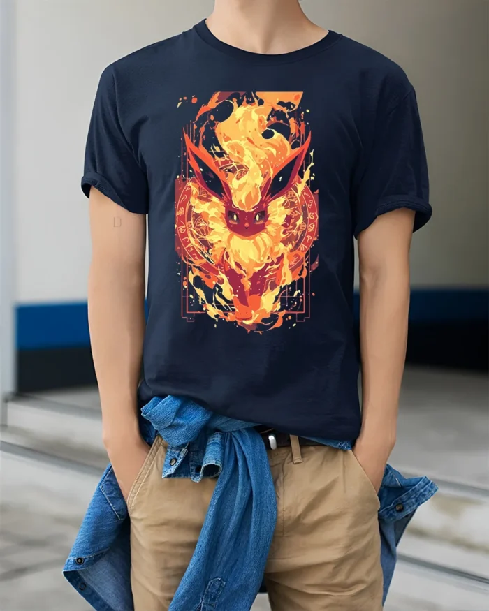 Fiery Flareon T-Shirt Intense Fire Pokemon Graphic Tee for US Fans - model wearing navy shirt, hands in pockets