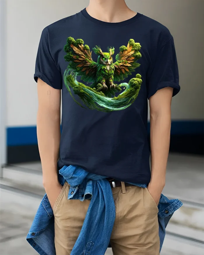 Mystic Forest Owl T-Shirt Fantasy Nature Graphic Tee with Earthy Vibes - model wearing navy shirt, hands in pockets