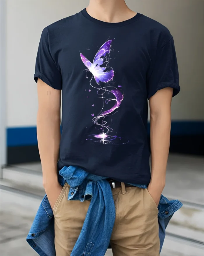 Mystical Purple Butterfly T-Shirt Fantasy Glow Design on Soft Cotton Tee - model wearing navy shirt, hands in pockets