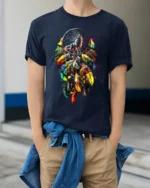Colorful Feather Wolf T-Shirt Tribal Dreamcatcher Animal Spirit Design Tee - model wearing navy shirt, hands in pockets