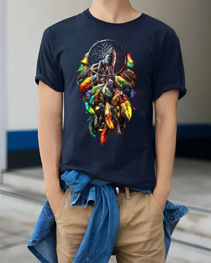 Colorful Feather Wolf T-Shirt Tribal Dreamcatcher Animal Spirit Design Tee - model wearing navy shirt, hands in pockets