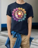 Celestial Sun and Moon T-Shirt Mandala Print Spiritual Boho Graphic Tee - model wearing navy shirt, hands in pockets