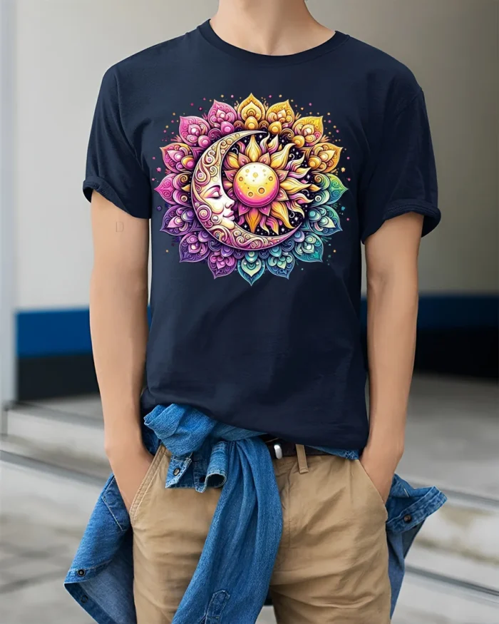 Celestial Sun and Moon T-Shirt Mandala Print Spiritual Boho Graphic Tee - model wearing navy shirt, hands in pockets