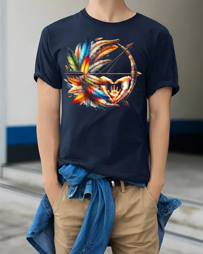 Tribal Bow and Feather T-Shirt Native-Inspired Art Tee with Hand Symbol - model wearing navy shirt, hands in pockets