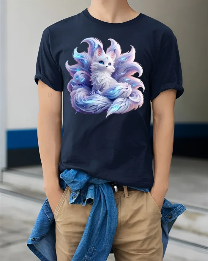 Mystic Nine-Tailed Fox T-Shirt Fantasy Spirit Animal Tee for Fox Lovers - model wearing navy shirt, hands in pockets