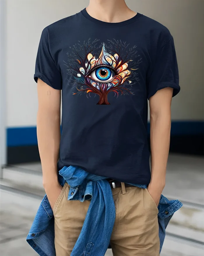 Third Eye Tree T-Shirt Psychedelic Visionary Art Tee for Spiritual Seekers - model wearing navy shirt, hands in pockets