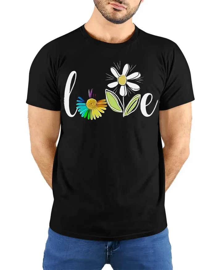 Rainbow Flower Love T-Shirt Soft Cotton Inspirational Graphic Tee - model wearing black shirt, hands behind back